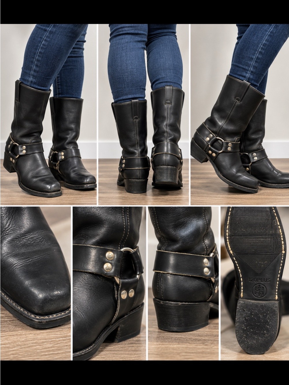 Vintage Double H Black Harness Mid-Calf Leather Moto Boots